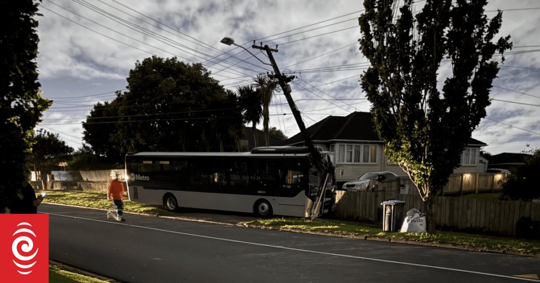 Auckland bus driver injured after crashing into parked car, power pole