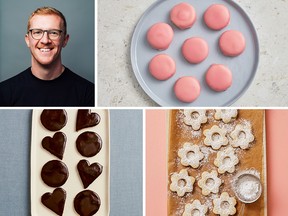 Clockwise from top left: food writer Ben Mims, pink jam-filled cookie sandwiches, flower-shaped butter cookies and chocolate-glazed Polish gingerbread.