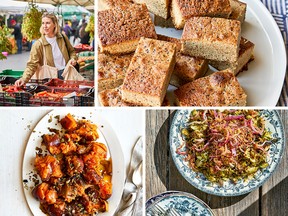 Clockwise from top left: author Justine Doiron, black pepper chai blondies, ACV Brussels sprouts in toasted cornmeal and crusted sweet potatoes and pepitas