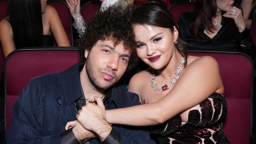 Benny Blanco and Selena Gomez, seen here at the 75th Emmy Awards at the Peacock Theater in Los Angeles on January 15, are engaged. (Jordan Strauss/Invision/AP via CNN Newsource)