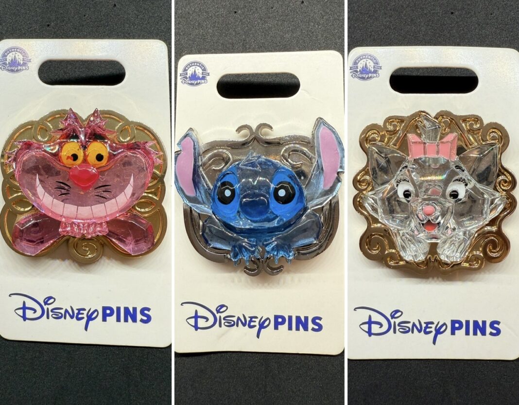 Cheshire Cat, Marie & Stitch 3D Acrylic Pins at Disney Parks