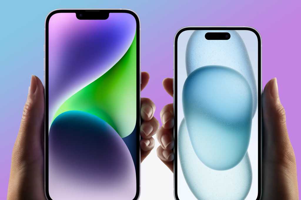 iPhone 14 plus and 15 held with front screen facing forward