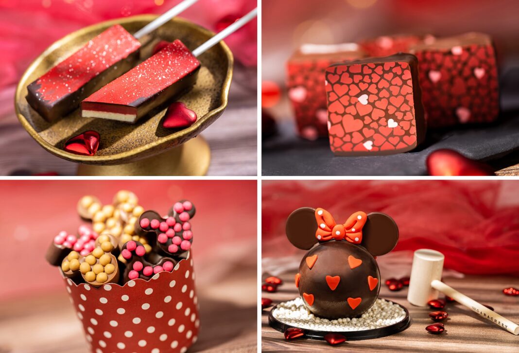 Three Valentine's Day desserts with romantic themes: a cake adorned with heart decor, a pastry topped with a heart-shaped piece, and a rose-shaped dessert, all embellished with playful, illustrative figures.