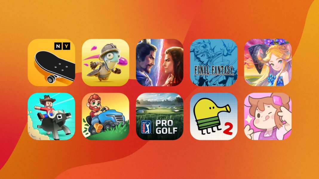 Two rows of five game icons in each, set against a color gradient background.