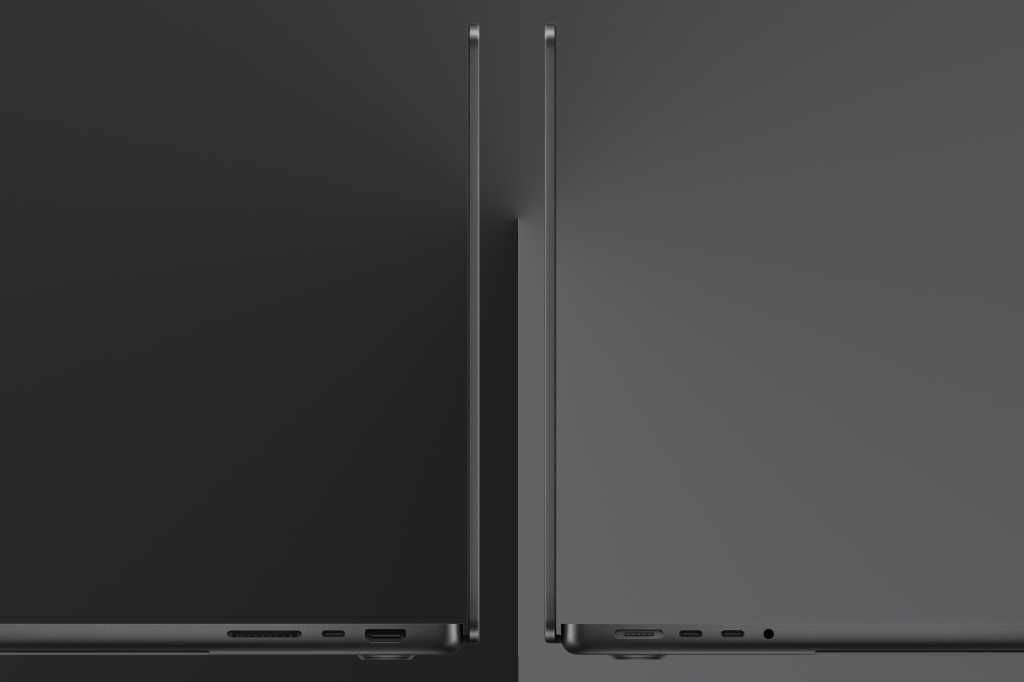 two macbook pro from the side with screens open